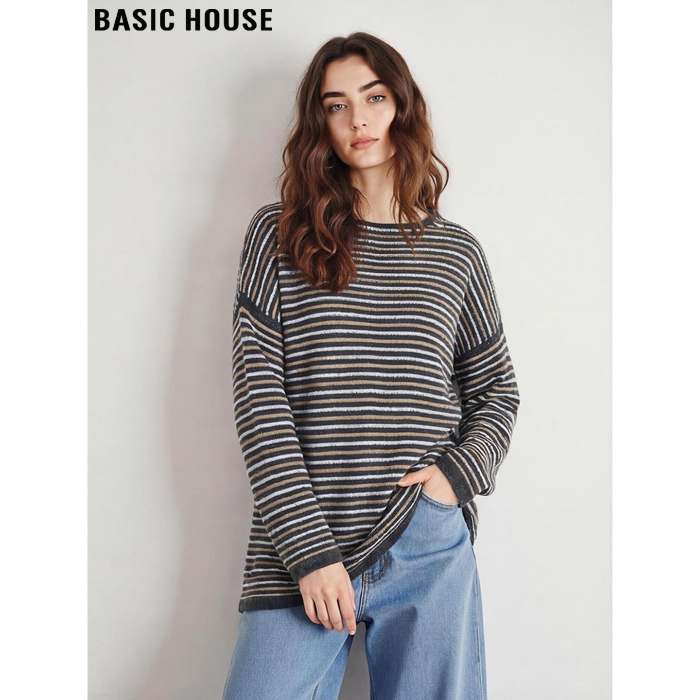 Basic House/百家好撞色条纹圆领羊绒衫女冬季慵懒风软糯打底毛衣,女装/女士精品,羊绒衫,淘宝优惠券,粉丝福利购,淘宝优惠卷