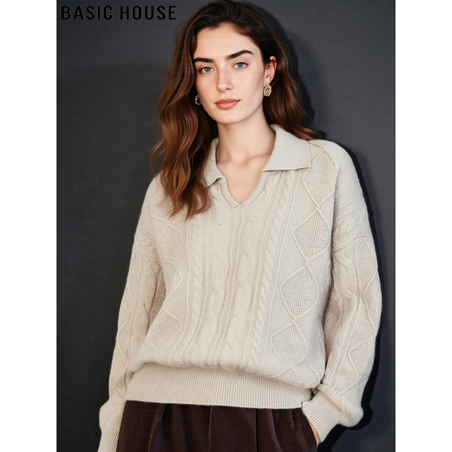 Basic House/百家好米色翻领麻花羊绒衫女冬季高级感软糯羊毛毛衣,女装/女士精品,羊绒衫,淘宝优惠券,粉丝福利购,淘宝优惠卷