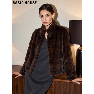 Basic 百家好棕色立领环保皮草女春美拉德加厚保暖毛毛外套 House