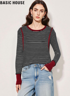 Basic House/百家好撞色条纹纯棉T恤女冬季慵懒风修身圆领打底衫