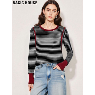 圆领打底衫 Basic 慵懒风修身 百家好撞色条纹纯棉T恤女春季 House