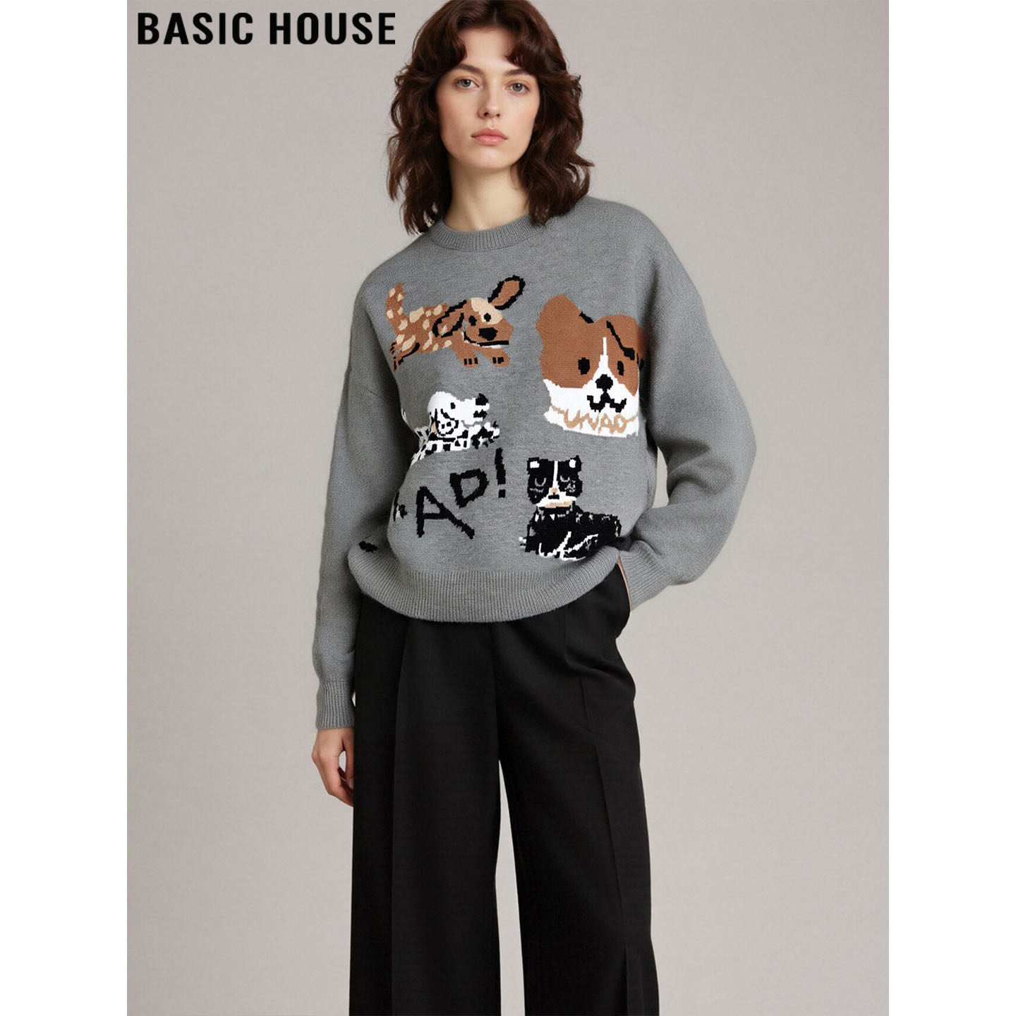 Basic House/百家好可爱卡通灰色毛衣女2025冬季新款宽松针织上衣,女装/女士精品,毛衣,淘宝优惠券,粉丝福利购,淘宝优惠卷