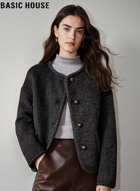 Basic House/百家好小个子灰色圆领羊毛呢外套女冬小香风短款大衣