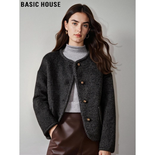 Basic House/百家好小个子灰色圆领羊毛呢外套女冬小香风短款大衣