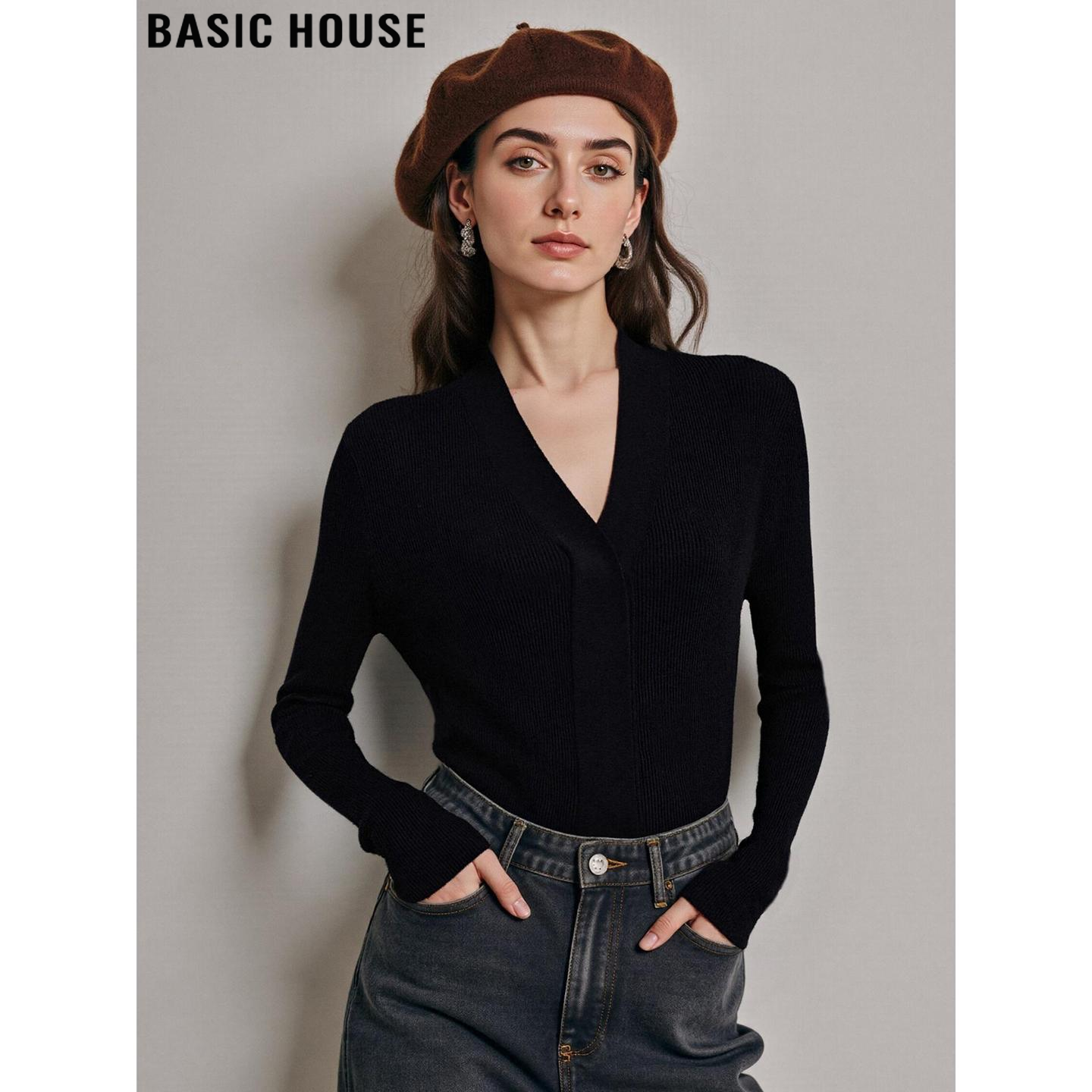 高级感黑色V领羊毛针织衫女秋冬