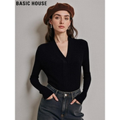 Basic 显瘦打底毛衣 女冬季 House 百家好高级感黑色V领羊毛针织衫