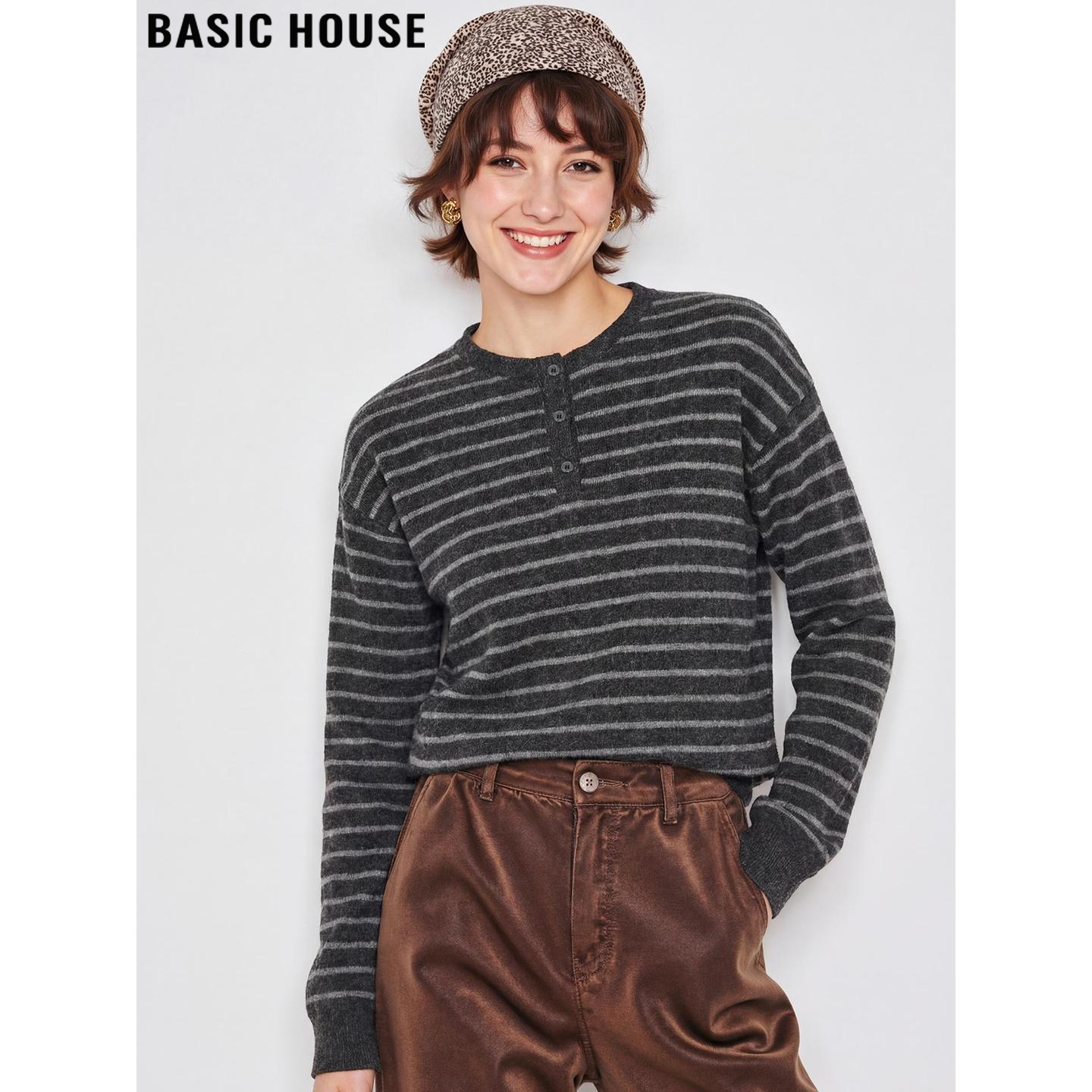 Basic House/百家好条纹长袖T恤女2026春季新款圆领显瘦纽扣上衣,女装/女士精品,T恤,淘宝优惠券,粉丝福利购,淘宝优惠卷