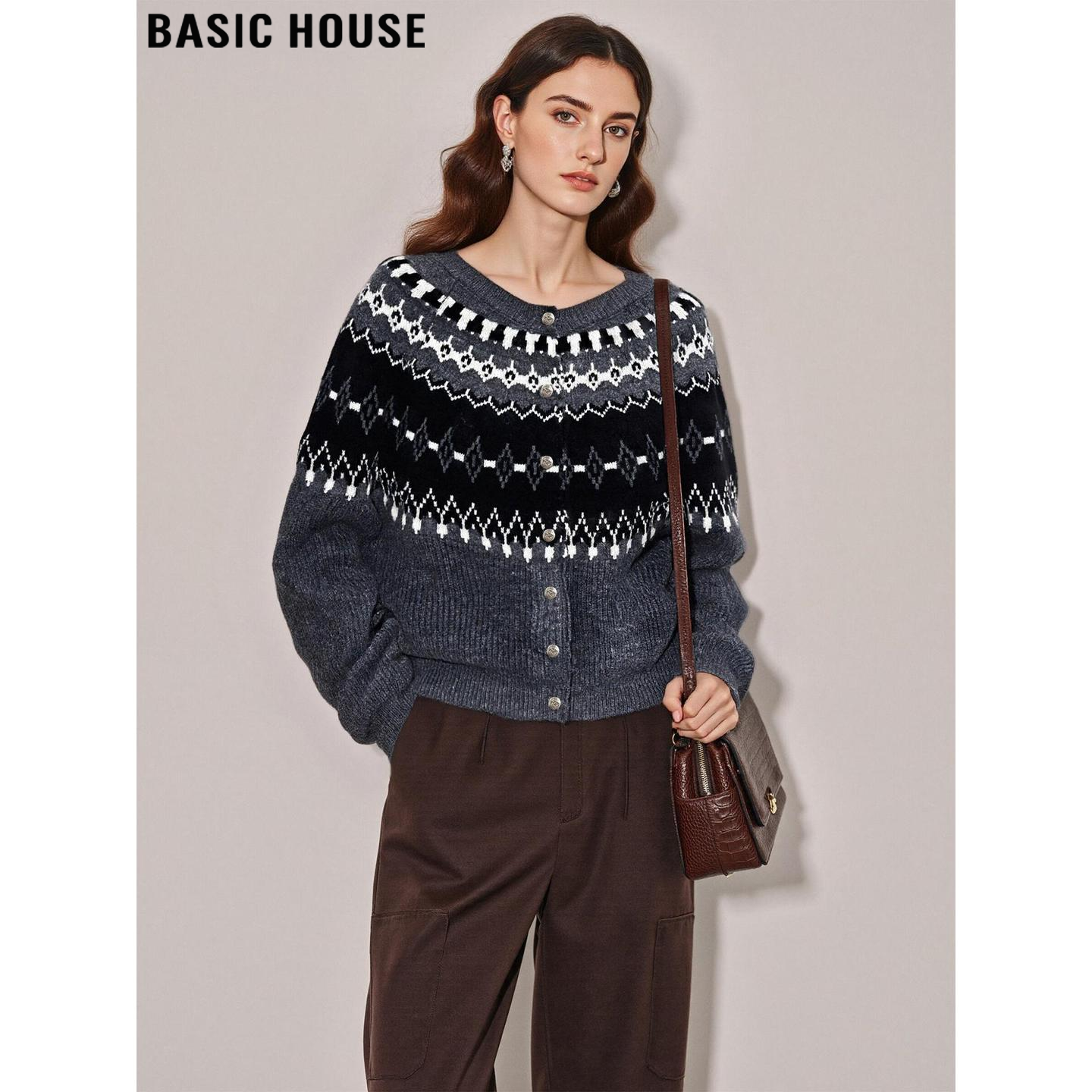 Basic House/百家好复古撞色提花针织衫女士秋冬软糯羊毛圆领毛衣