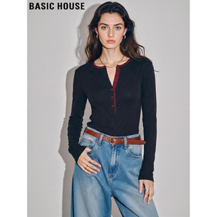 撞色长袖 百家好美式 T恤女士春季 新款 半开领上衣 Basic 修身 House
