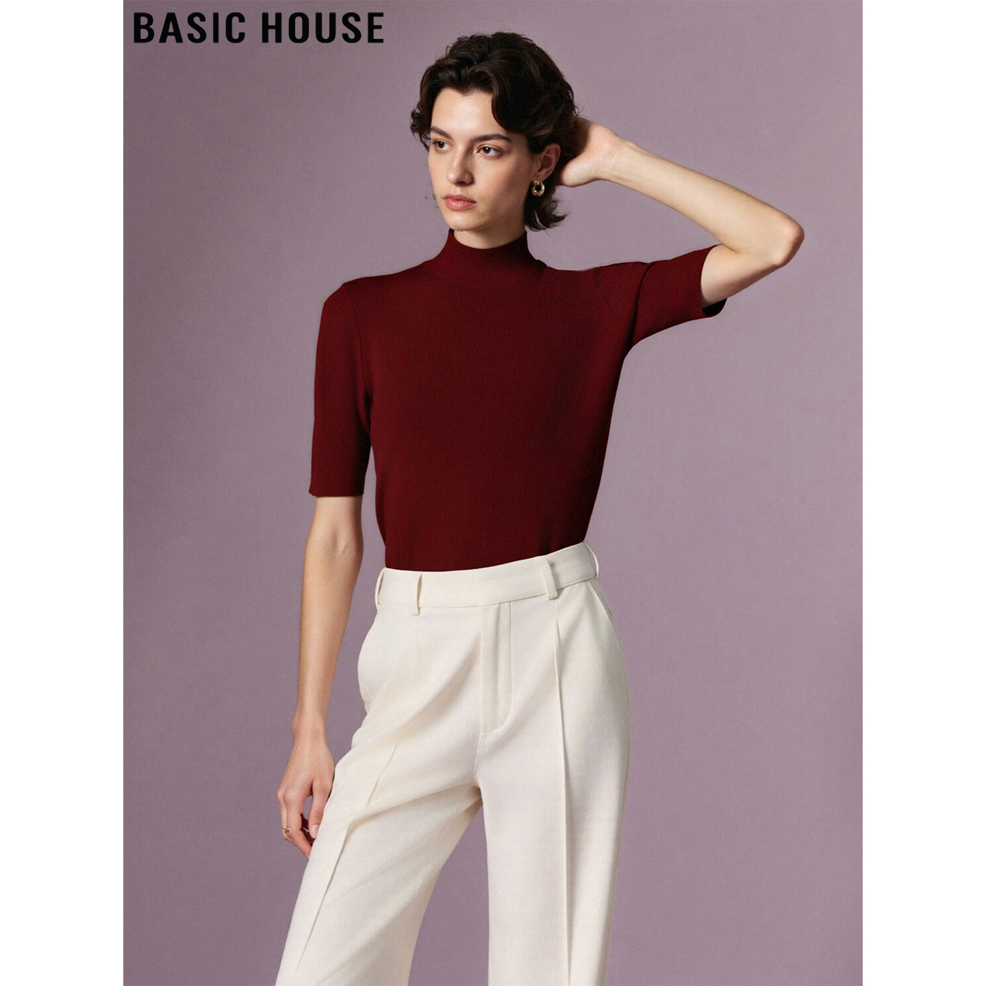 百家好半高领五分袖打底针织衫女