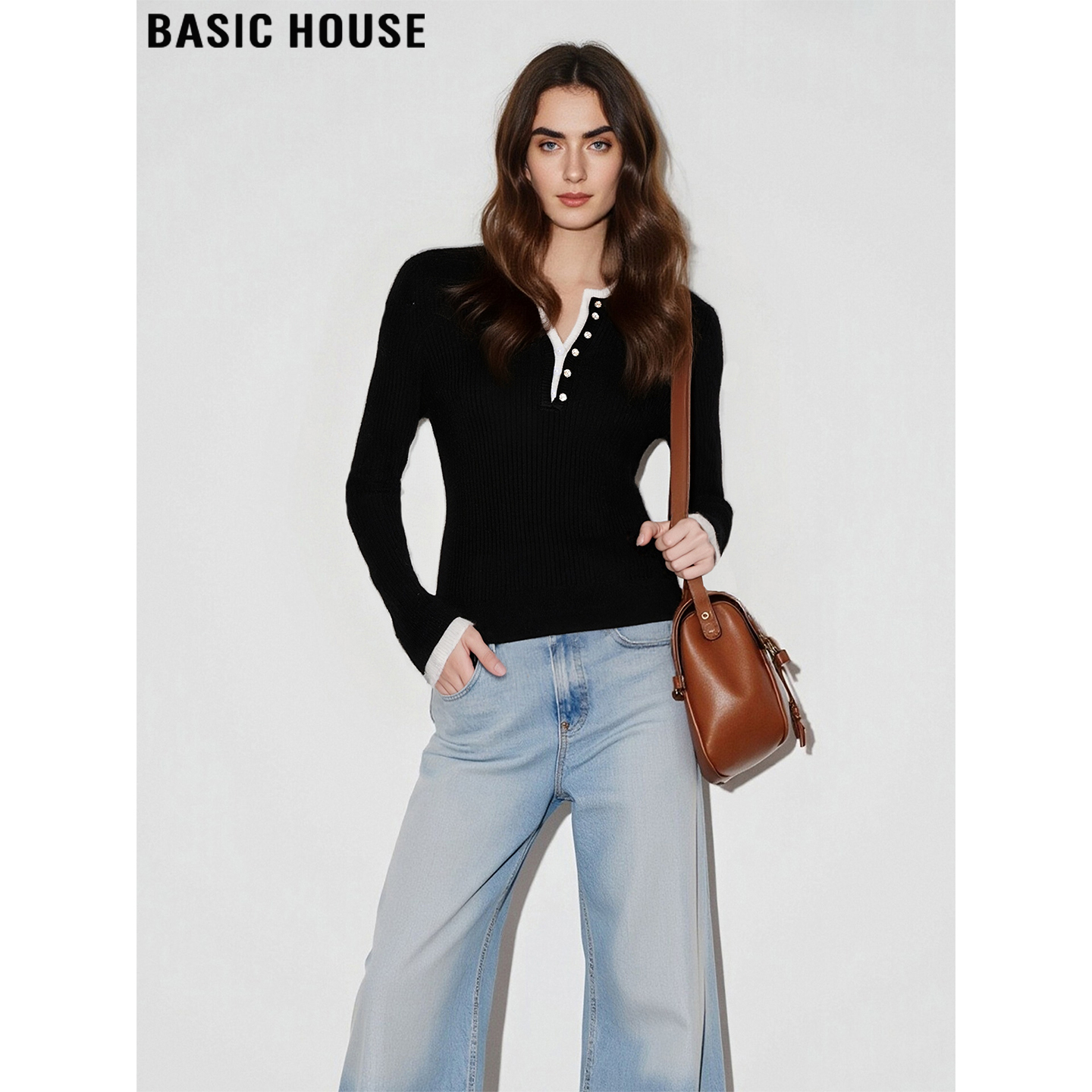 百家好撞色半开领针织打底女内搭