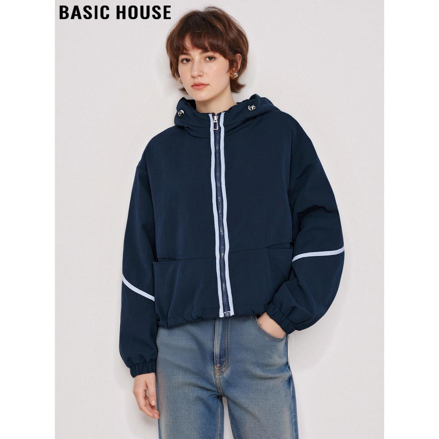 百家好藏青色条纹连帽运动外套女