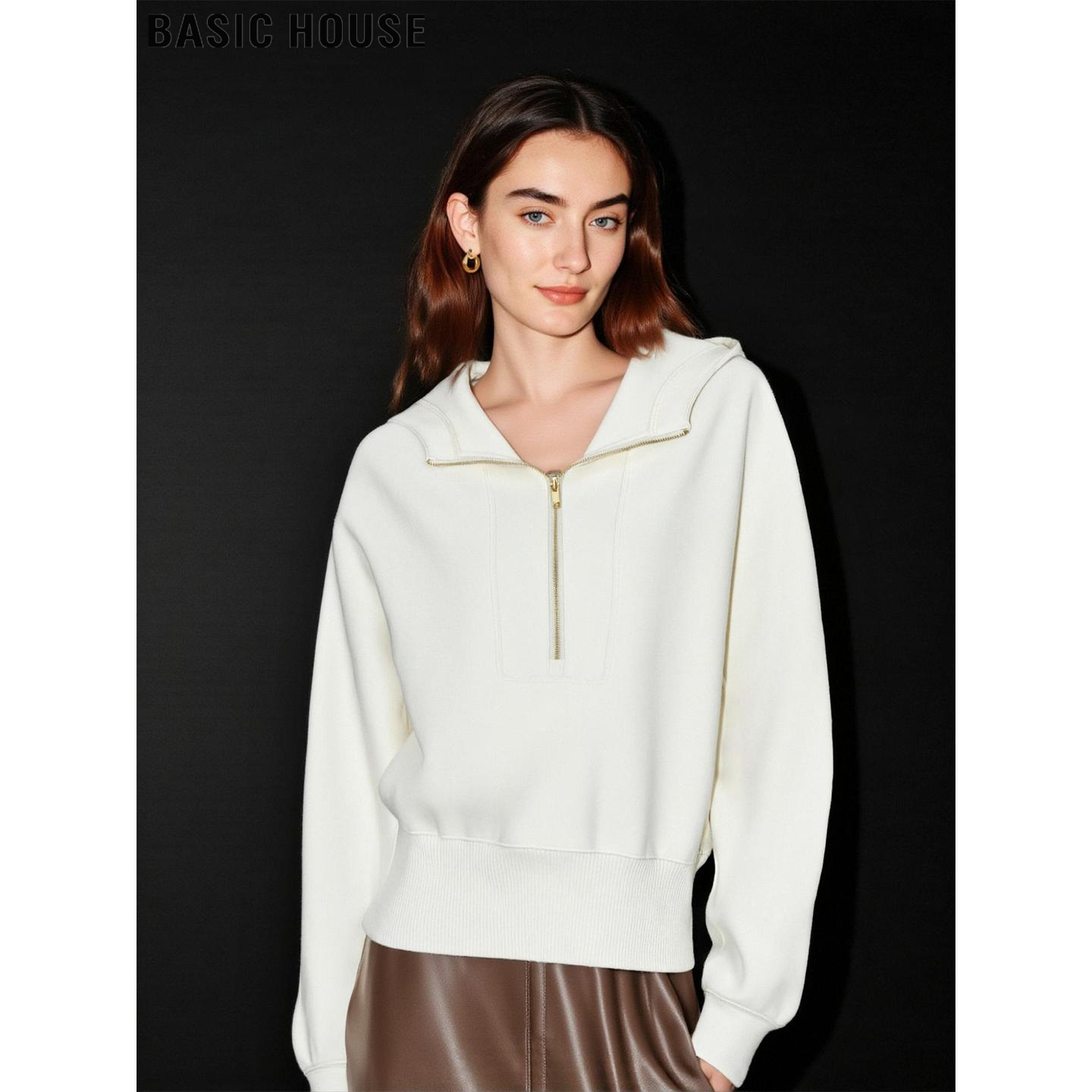 百家好高级感白色半拉链连帽卫衣