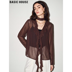 新款 Basic 女2026春季 百家好高级感咖色衬衫 荷叶边飘带衬衣 House