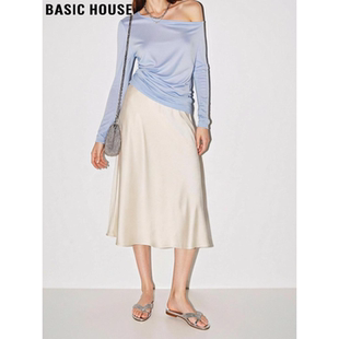 高级感A字垂感中长裙子 百家好白色缎面半身裙女春季 Basic House