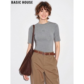 新款 Basic T恤女士2026夏季 百家好灰色五分袖 玫瑰刺绣上衣 House