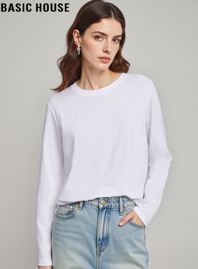 Basic House/百家好白色圆领纯棉T恤女春季基础款简约宽松打底衫