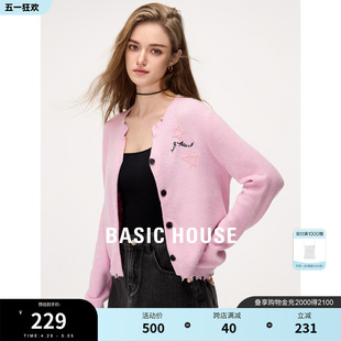 女2024春季 Basic 百家好破坏V领针织开衫 慵懒毛衣外套 House 新款