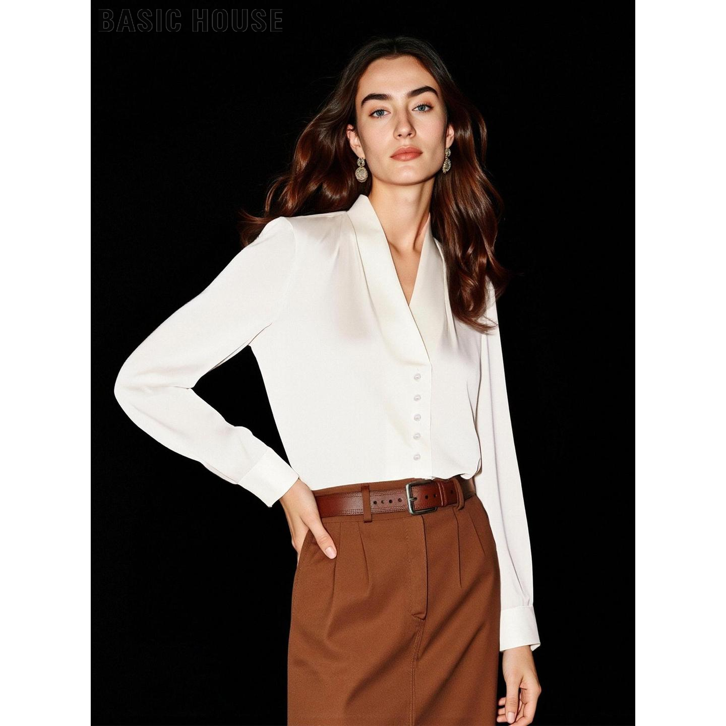 Basic House/百家好设计感气质V领衬衫女士2026春季新款长袖衬衣