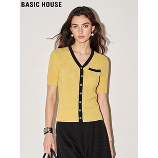 House 冰丝半袖 百家好撞色小香风V领短袖 女夏季 上衣 针织衫 Basic