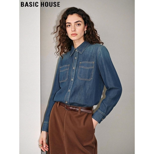 House 叠穿长袖 百家好复古纯棉牛仔衬衫 新款 衬衣 女2026春季 Basic