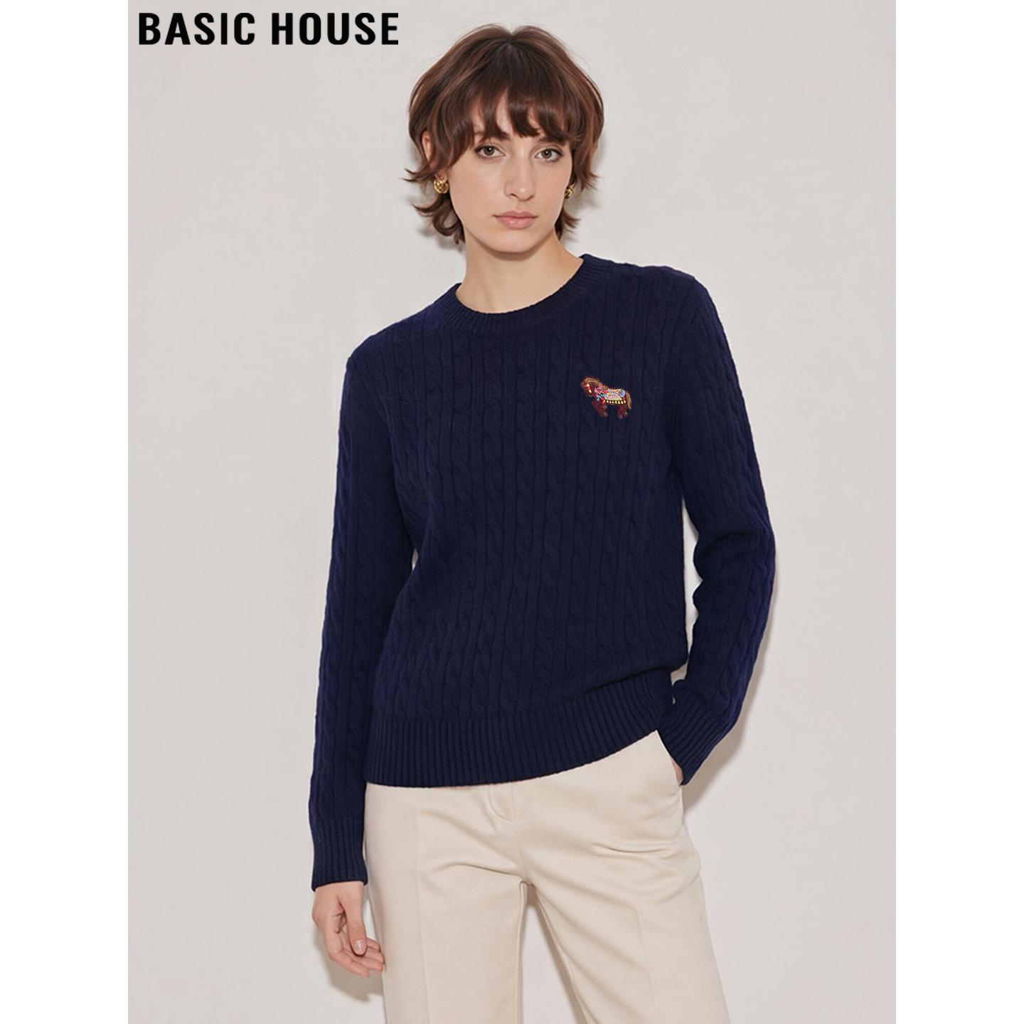 Basic House/百家好藏青色圆领羊毛针织衫女春季麻花刺绣软糯毛衣,女装/女士精品,毛衣,淘宝优惠券,粉丝福利购,淘宝优惠卷