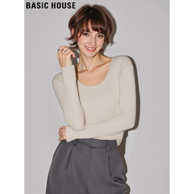 杏色圆领针织打底衫修身内搭上衣