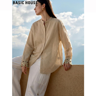 Basic House/百家好高级感钉珠亚麻衬衫女薄款夏季设计感防晒外套