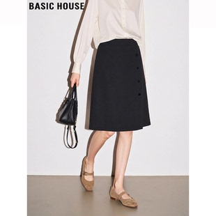 新款 Basic 半身裙女2026春季 百家好黑色西装 高腰A字开叉裙 House
