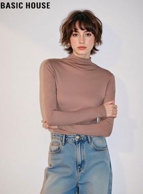 Basic House/百家好深咖色半高领T恤女士冬季优雅气质修身打底衫