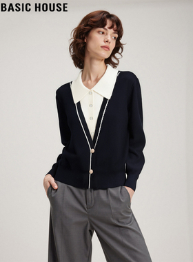 Basic House/百家好假两件撞色羊毛针织衫女2025秋冬翻领收腰上衣