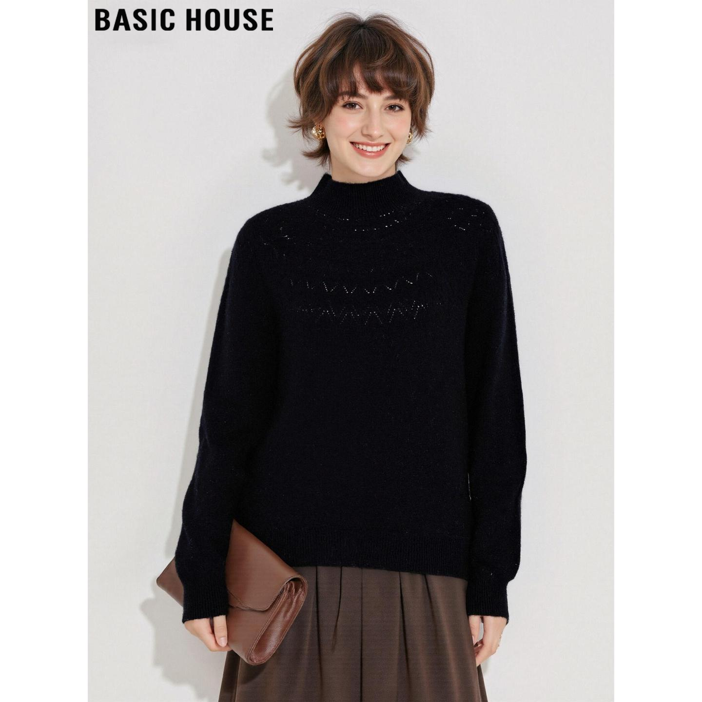 百家好黑色半高领加厚羊毛针织衫