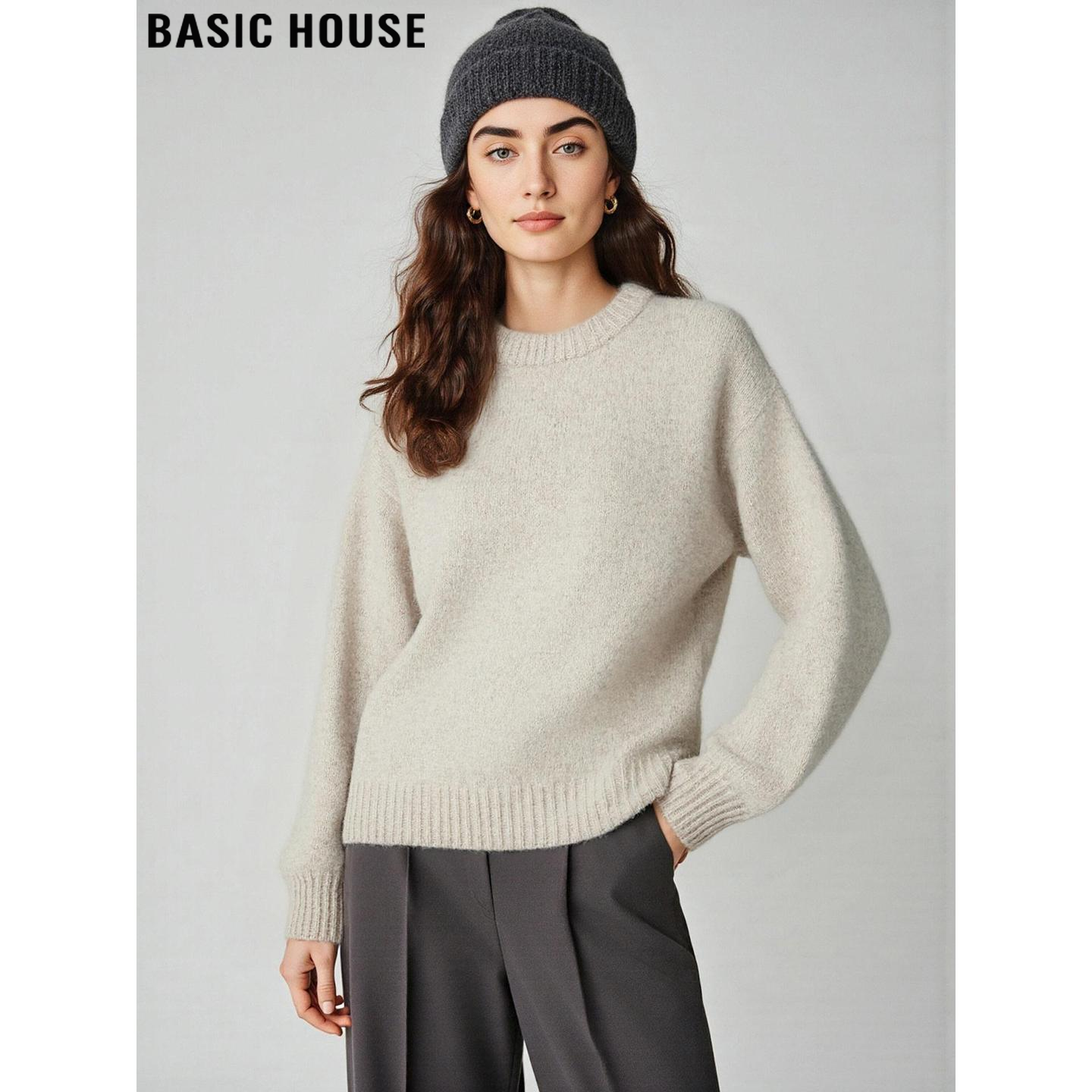 Basic House/百家好慵懒风100%羊毛圆领针织衫女冬季软糯打底毛衣