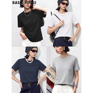 T恤女夏季 百家好黑色纯棉短袖 简约百搭圆领正肩上衣 House Basic