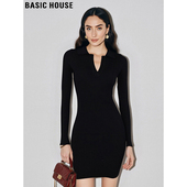 House 百家好黑色针织连衣裙女2026春季 新款 Basic 弹力修身 打底裙