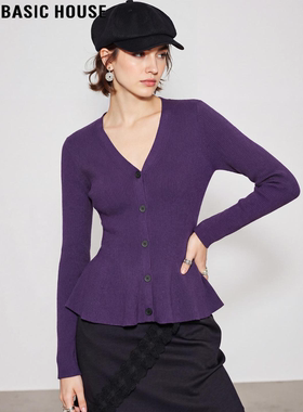 Basic House/百家好紫色V领针织衫女2026春季新款设计感下摆上衣