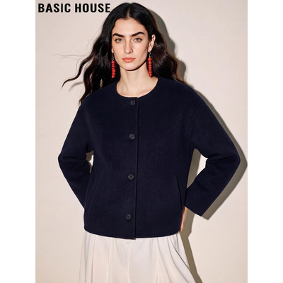 藏青色圆领加厚短款羊毛呢外套女