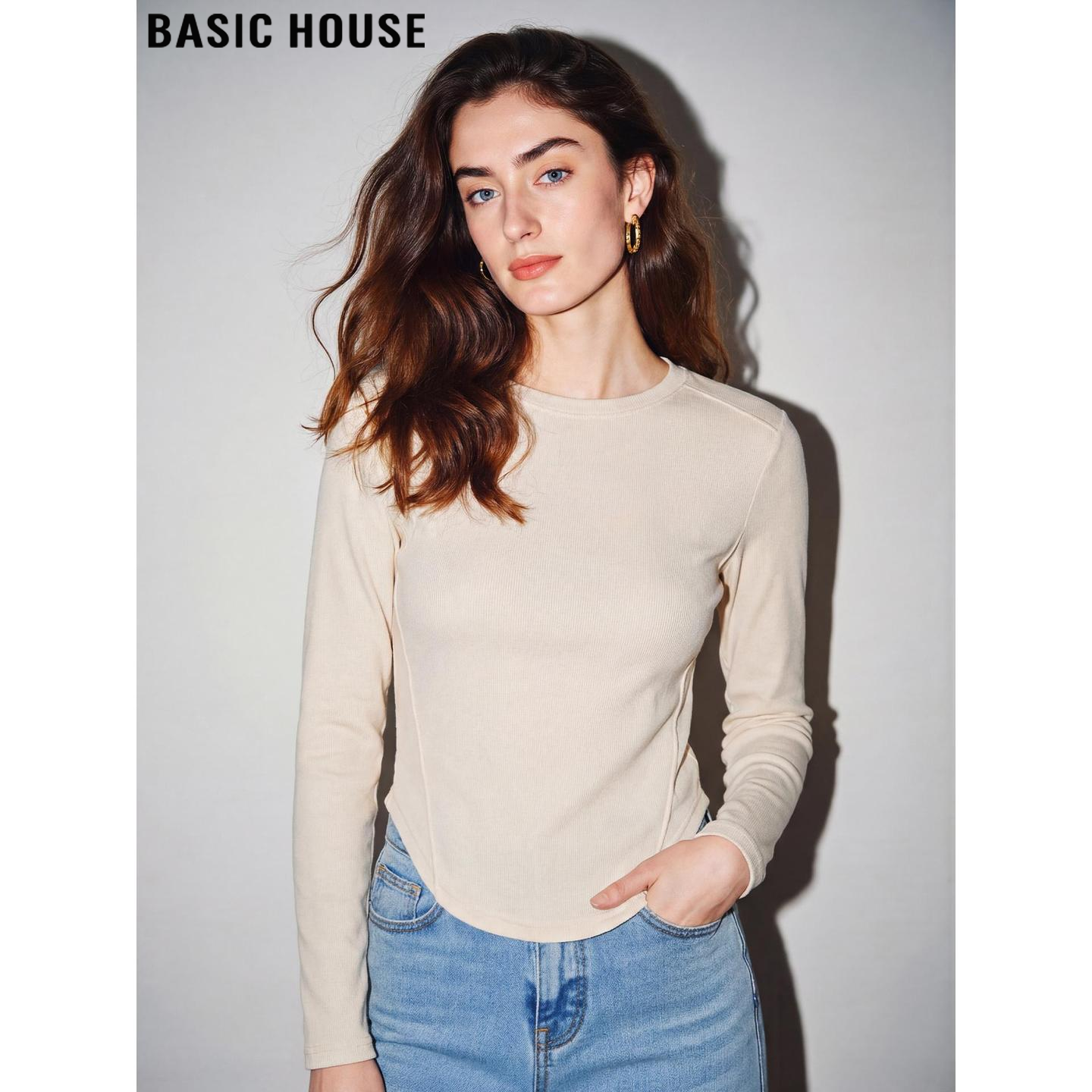 Basic House/百家好杏色天丝长袖T恤女2026春季新款修身短款上衣,女装/女士精品,T恤,淘宝优惠券,粉丝福利购,淘宝优惠卷