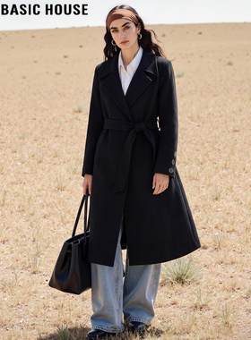 Basic House/百家好黑色羊毛呢大衣女冬季高级感加厚长款过膝外套