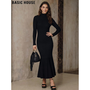 Basic House/百家好黑色半高领针织裙女2026春季新款中长款鱼尾裙