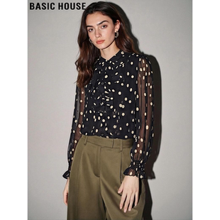 House 新款 百家好设计感荷叶边波点立领长袖 女2026春季 衬衫 Basic