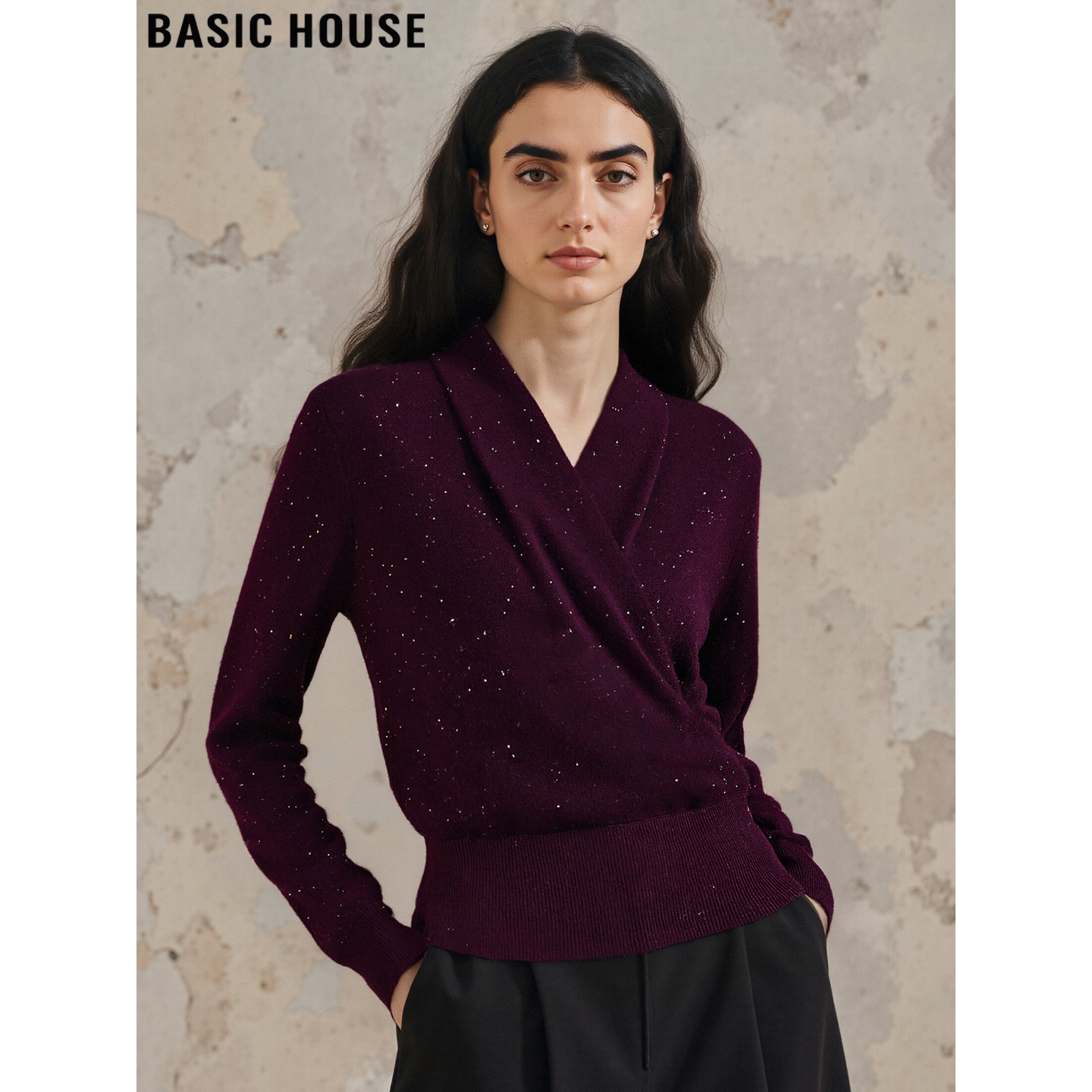 百家好设计感亮片紫色V领针织衫