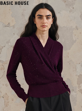 Basic House/百家好设计感亮片乌梅紫V领针织衫女秋冬收腰打底衫