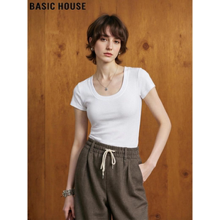 简约百搭通勤短袖 Basic T恤女士夏季 百家好白色U领修身 上衣 House