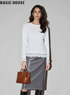 Basic House/百家好白色圆领T恤女2026春季新款法式蕾丝拼接上衣