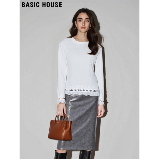 法式 Basic 新款 百家好白色圆领T恤女2026春季 蕾丝拼接上衣 House