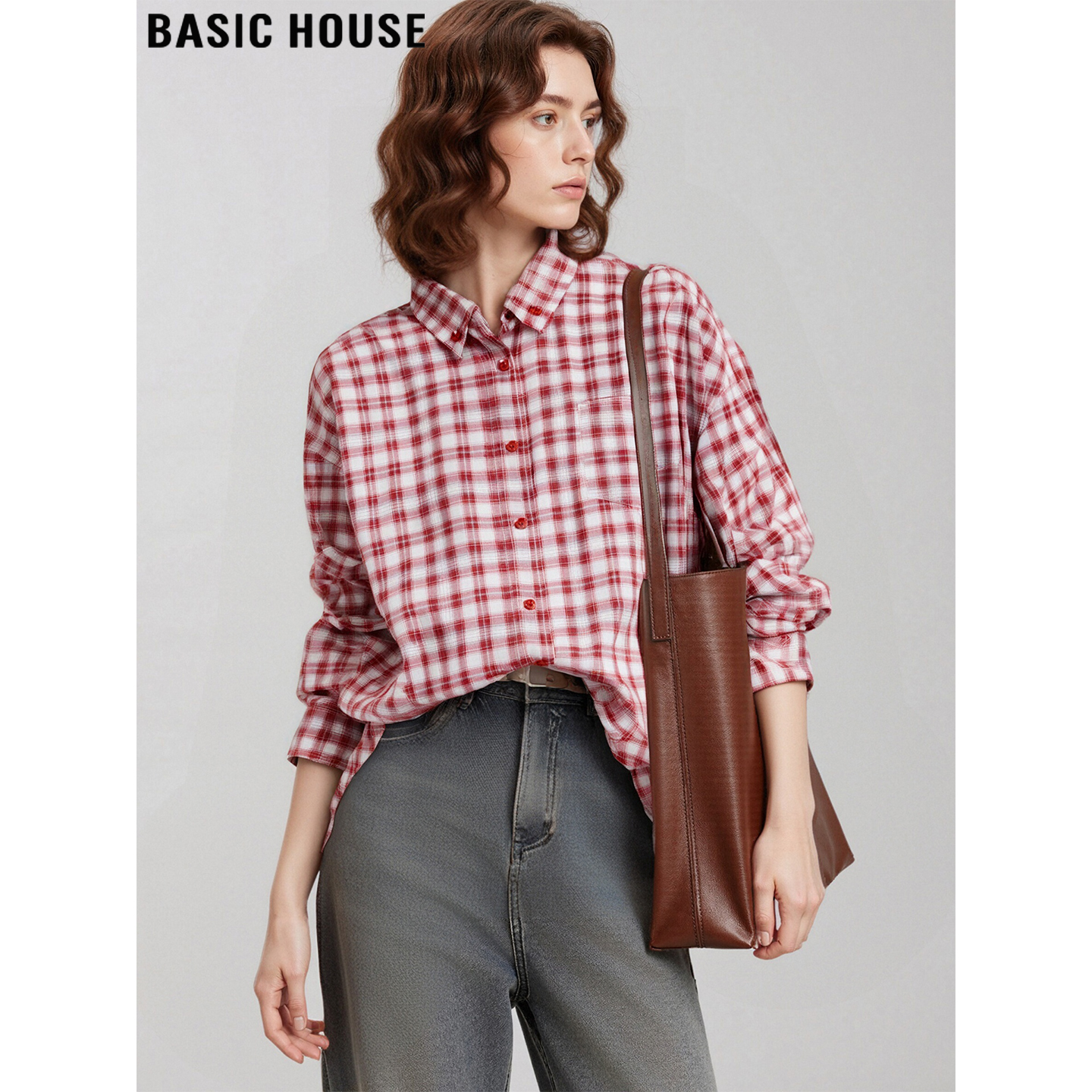 Basic House/百家好红色格子衬衫女2025秋冬新款宽松叠穿打底上衣