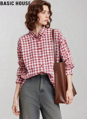 Basic House/百家好红色格子衬衫女2026春季新款宽松叠穿打底上衣