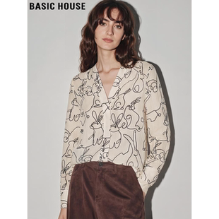 House 新款 百家好手绘涂鸦印花V领天丝长袖 女2026春季 衬衫 Basic