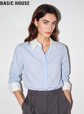 Basic House/百家好通勤气质撞色长袖衬衫女2026春季新款翻领衬衣